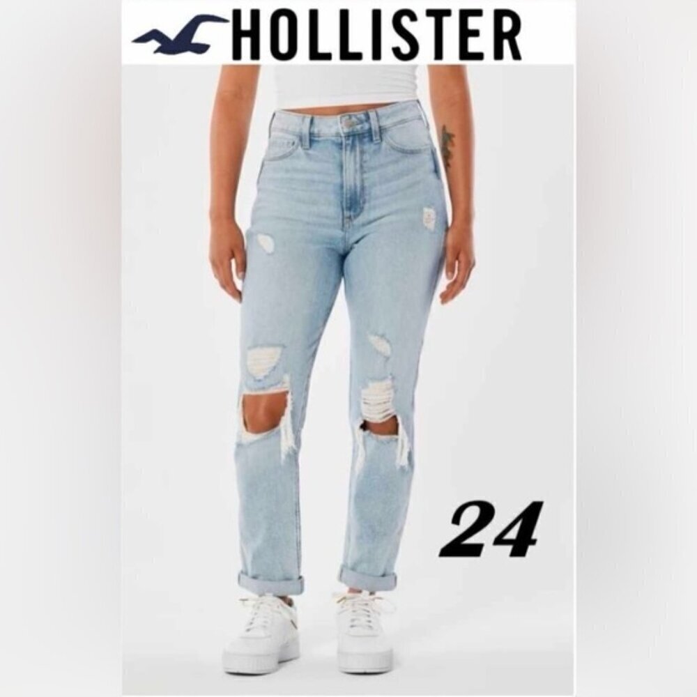 Hollister -Ultra High-Rise Ripped Mom Jeans-Light Destroy. Size:00 R (24W).  NWT
